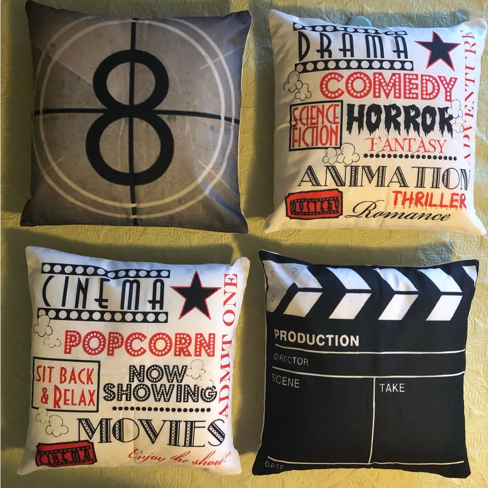 4 Pillows; Inserts Included; Decorative; Retro Movie Themed; Linen Blend; Zip - Picture 1 of 9